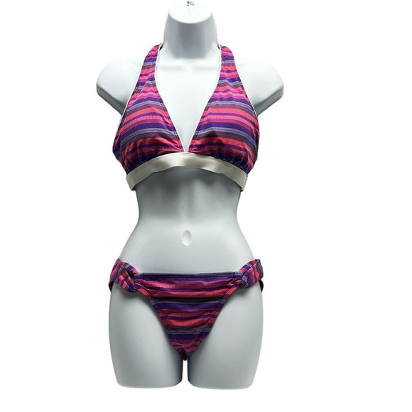 Athleta Tulum T-back Two Piece Bathing Suit Bikini Striped Print Women's Medium - Picture 1 of 10